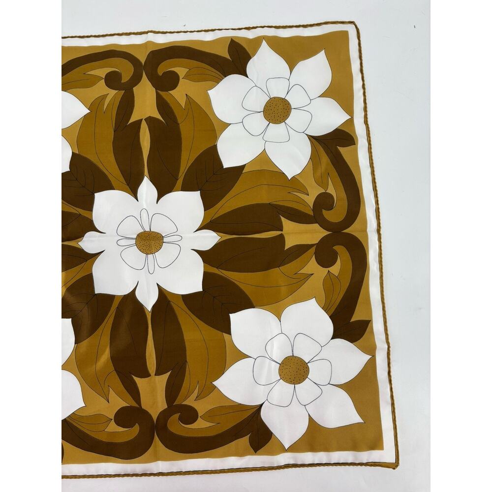 Vintage Uena Scarf Womens Brown White Floral Blossoms Square Silk Retro Sheer - Picture 7 of 9